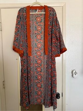 Xhilaration Floral Kimono Duster in Rust and Teal